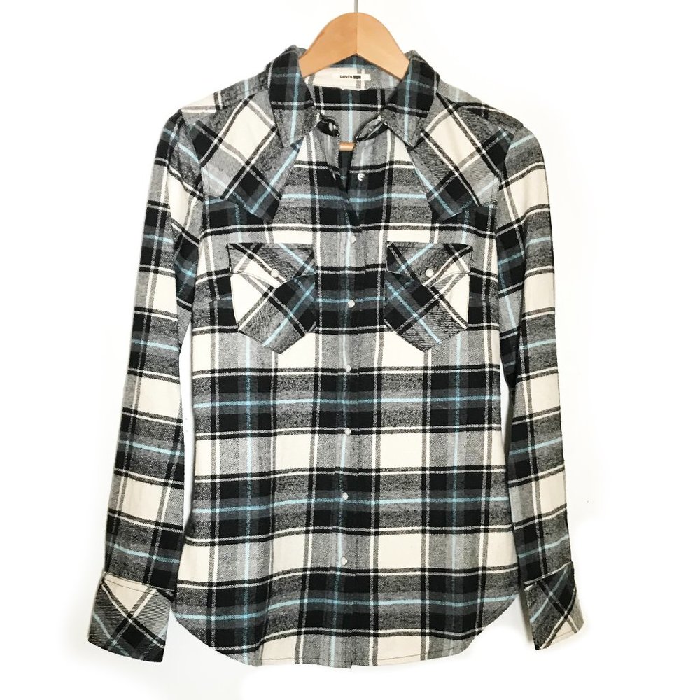 Levi's Cream Black Blue Plaid Western Flannel Shirt with Snap on Buttons XS